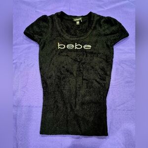 Bebe Swarovski Crystal Logo Black Chenille Cap Sleeve Cropped Sweater - XXS/XS.